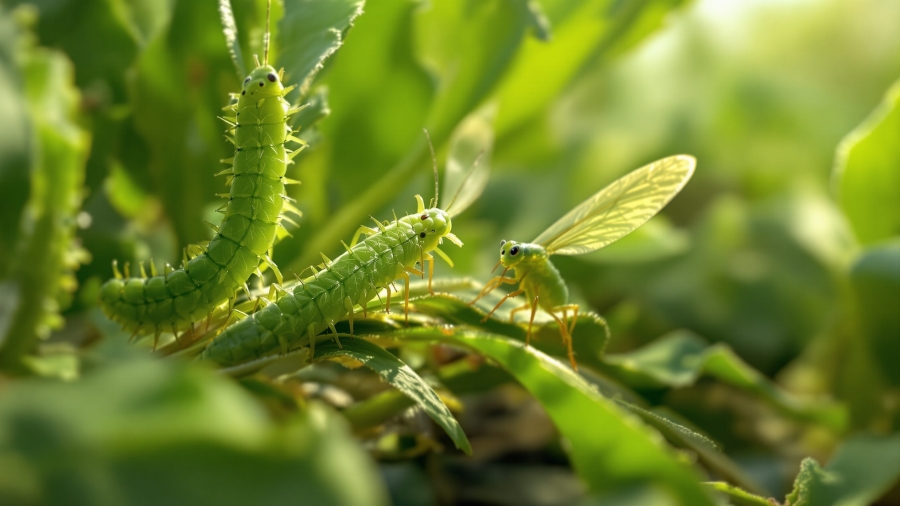 Larva de Chrysoperla carnea depredando pulgones en hoja enrollada, luz de campo al amanecer