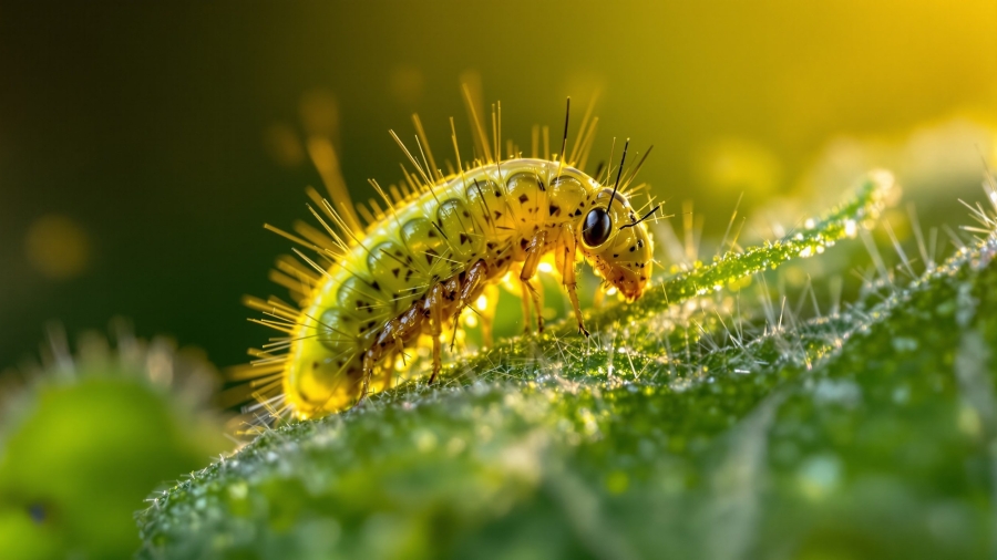 Larva de Chrysoperla carnea depredando pulgones en hoja de vid al amanecer