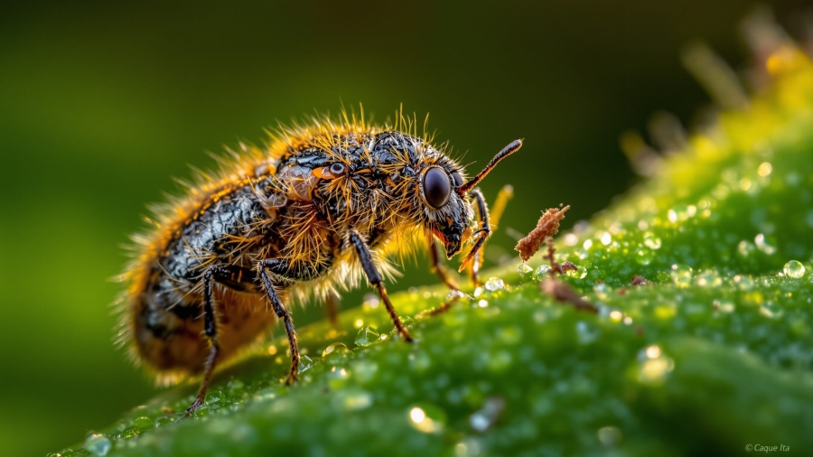 Cryptolaemus monstrouzieri devorando cochinilla harinosa en hoja de cítrico, fotografía macro, huerto en Ica